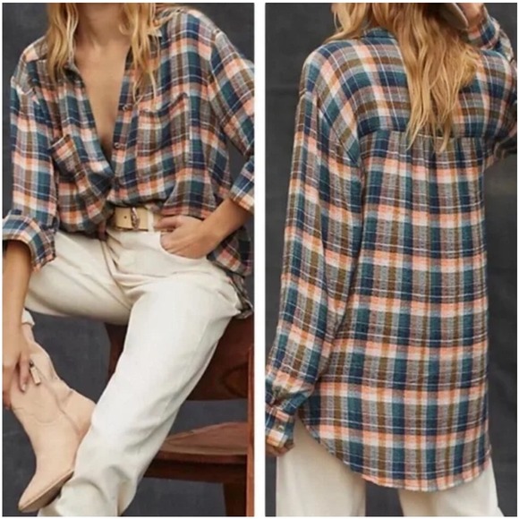 Anthropologie Tops - Pilcro Anthropologie Plaid Button Front Blouse Small Green Orange Boho Cowgirl